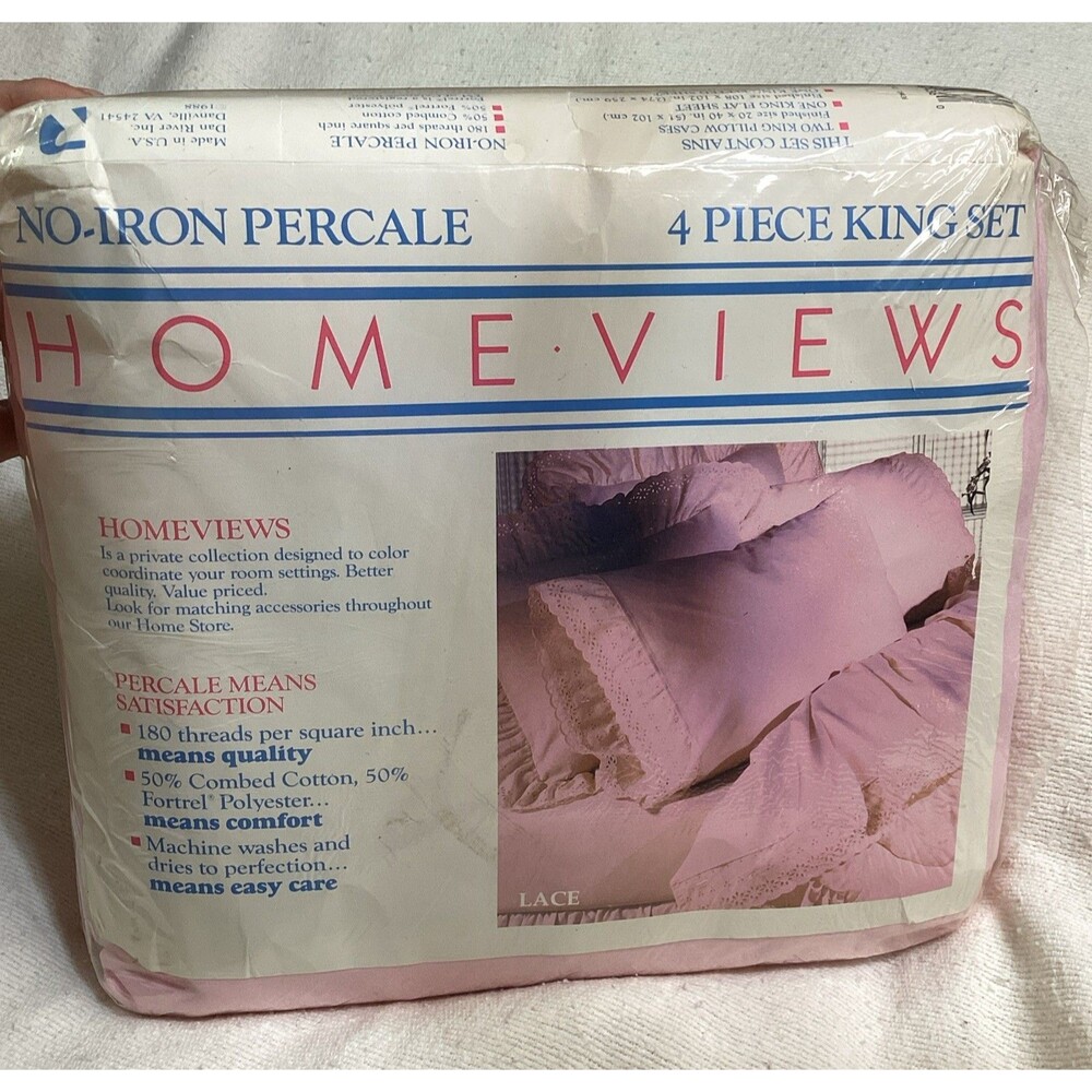 Vintage King Sheet Set 4 Piece Pink Lace Homeviews 1988 Made USA In Package